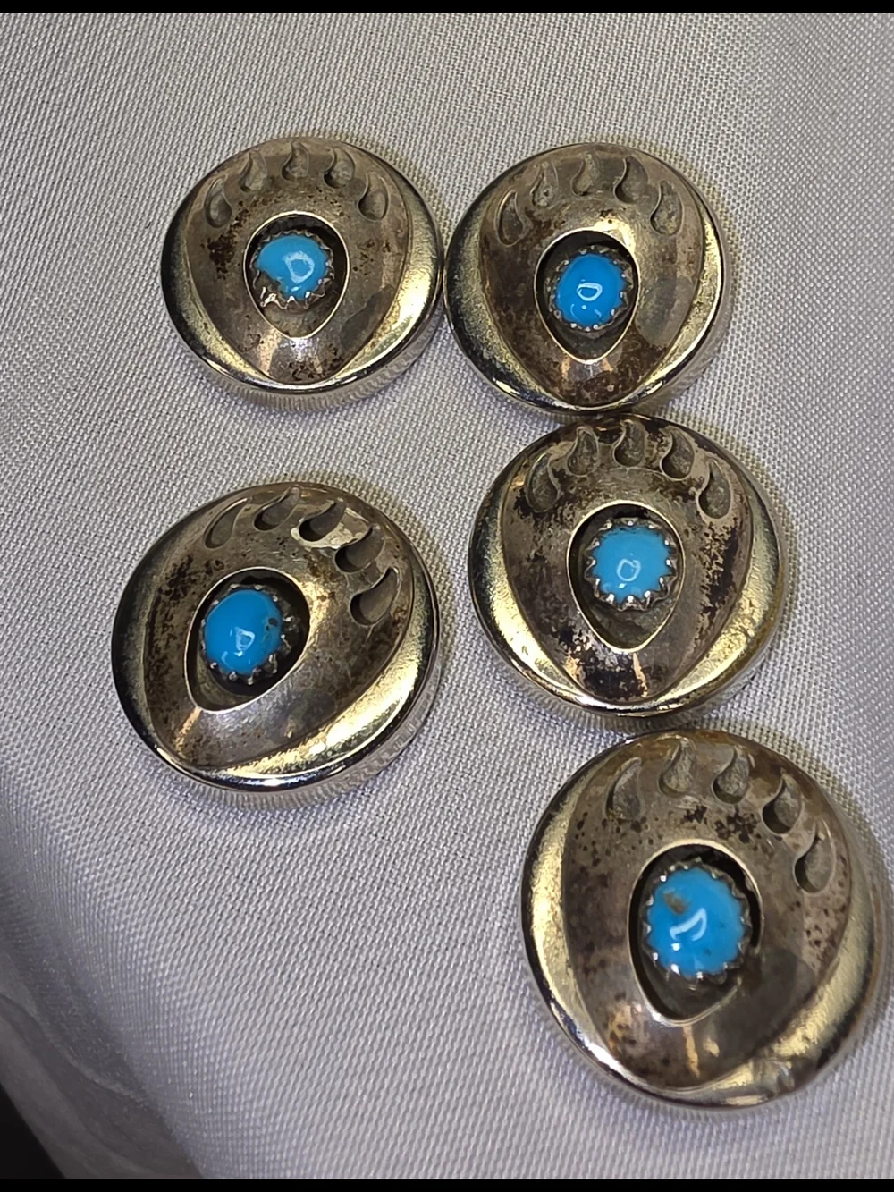 Vintage Sterling Silver Turquoise Bear Paw Button Set(5) - Blue